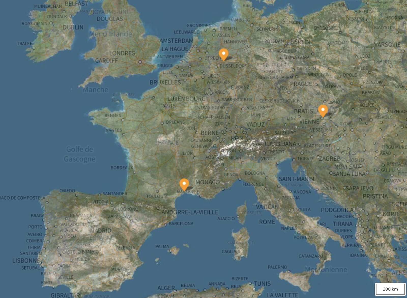 Map of Europe showing Vienna, Montpellier and Essen